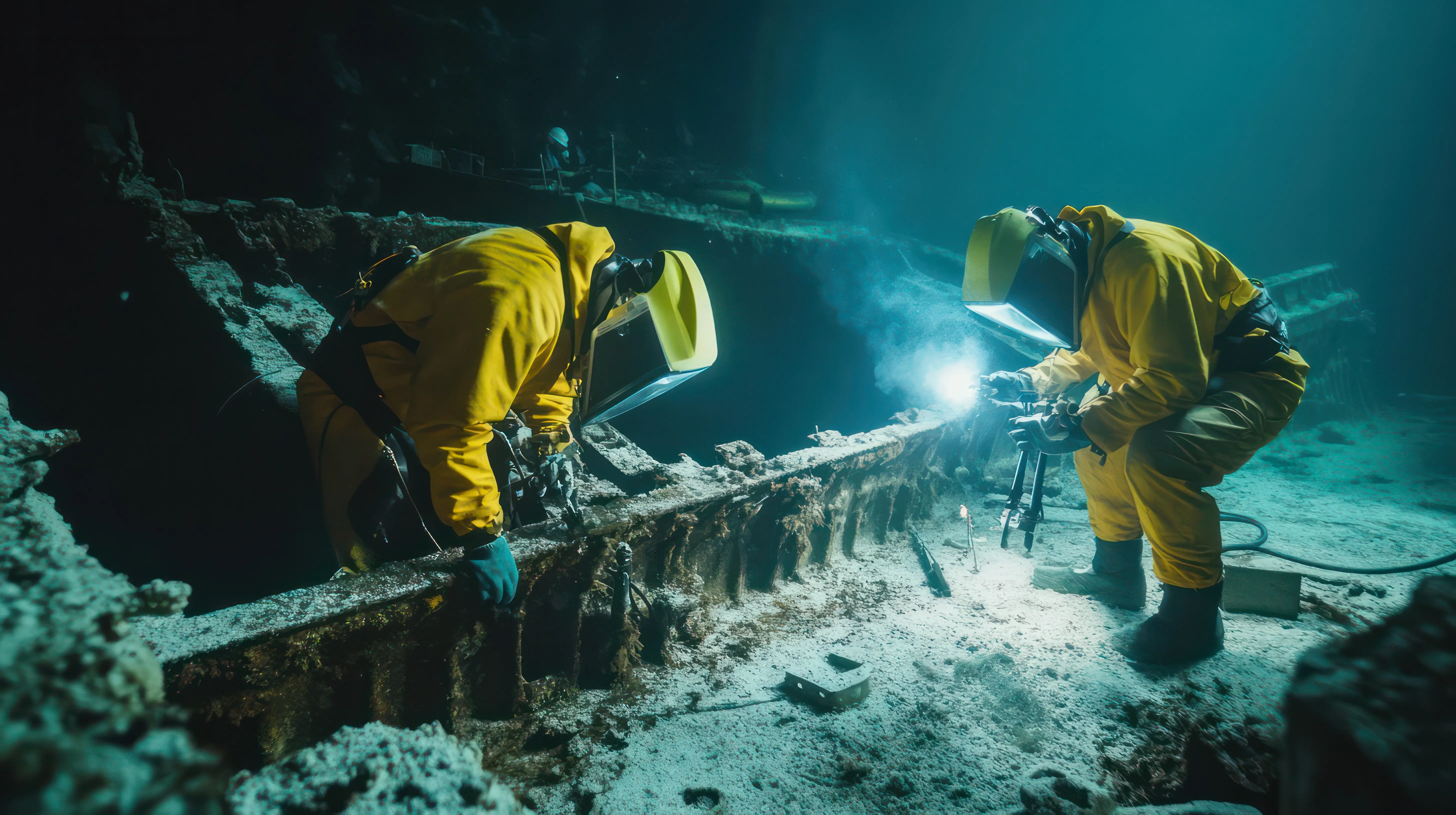 Ein Team spezialisierter Schweißer arbeitet tief unter Wasser an einem Schiffswrack und setzt fortschrittliche Werkzeuge und Kommunikationssysteme ein, um ihre Arbeit zu koordinieren.