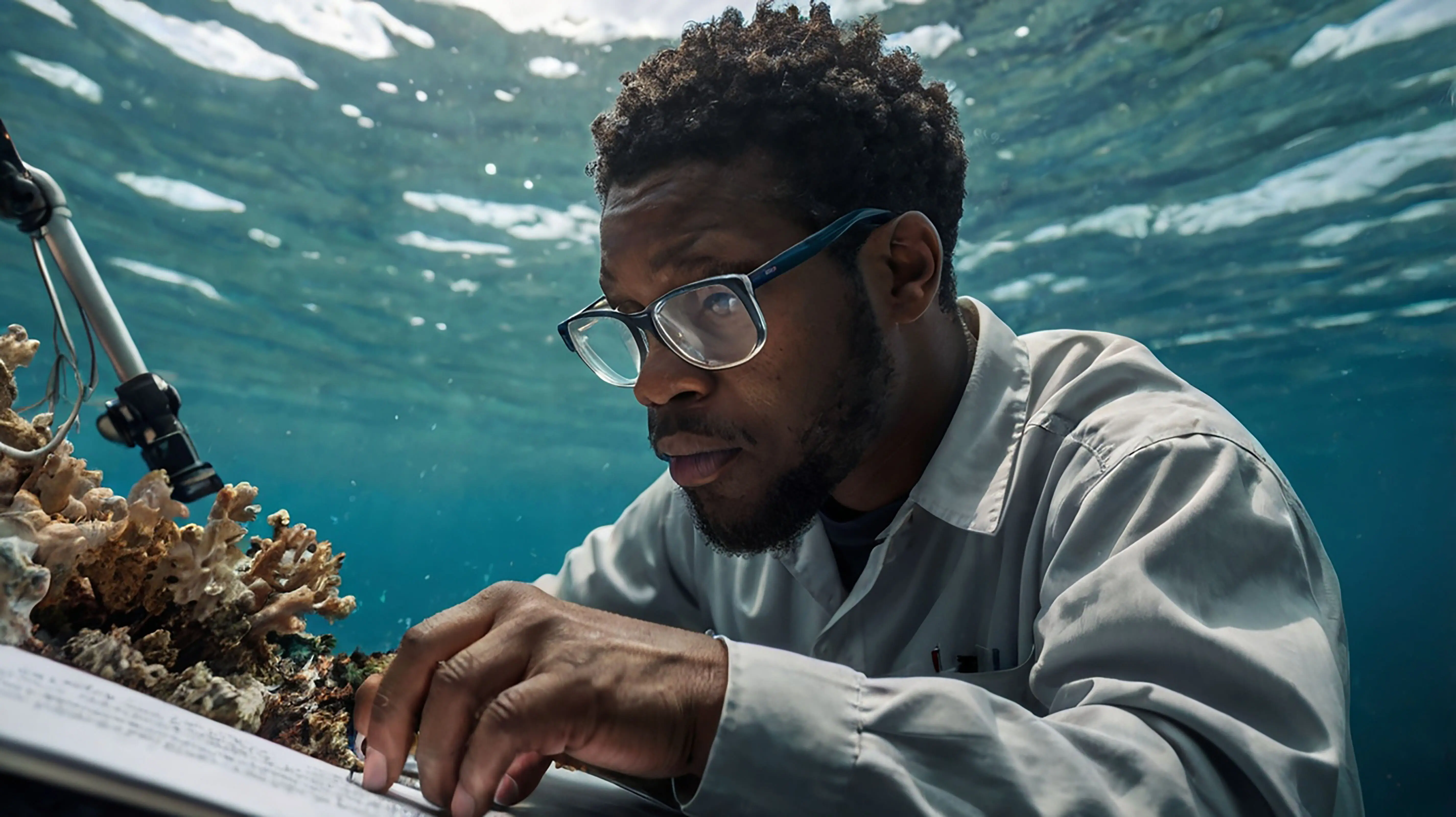 Vor einem Korallenriff blickt ein Mann mit Brille auf einen Laptop.