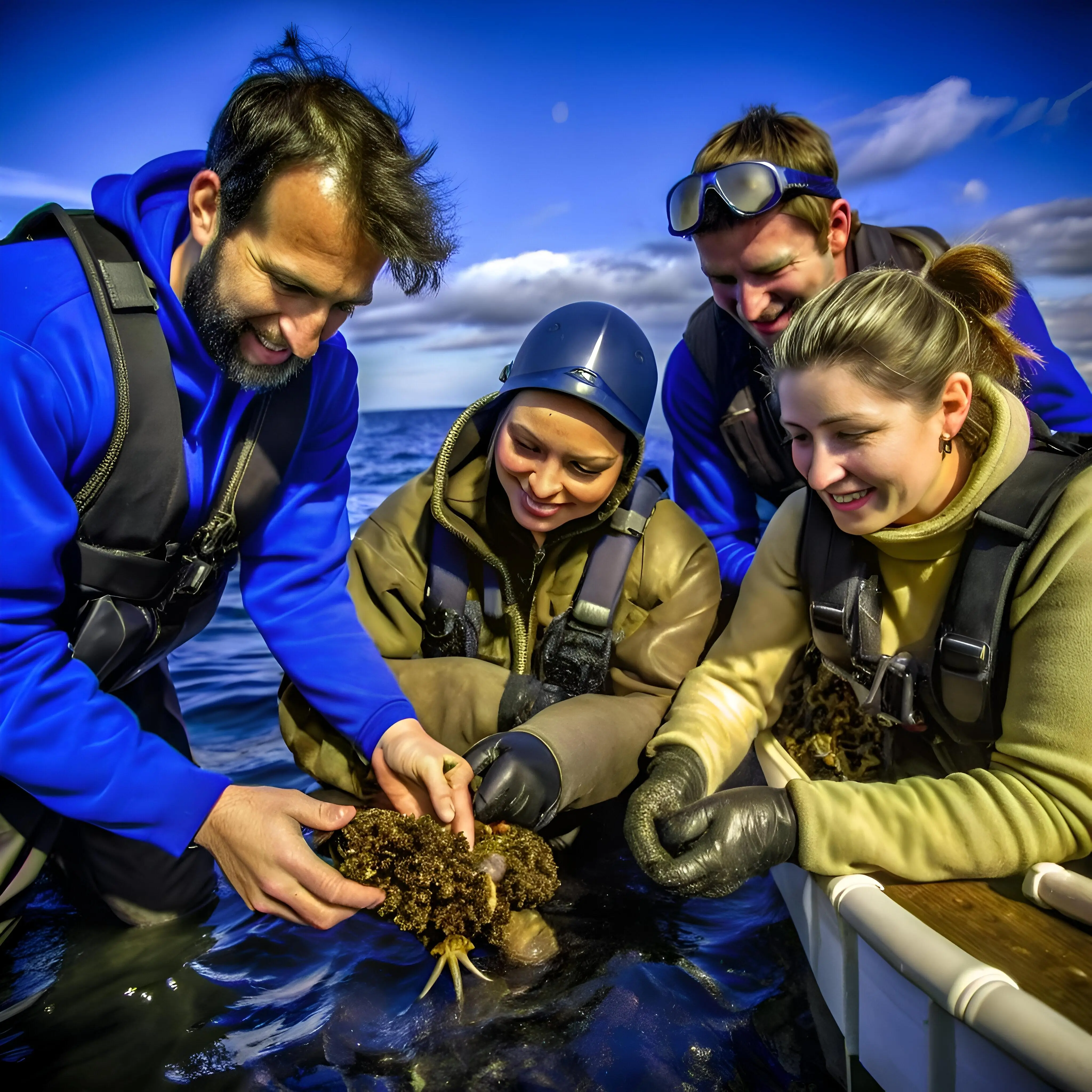 Eine Gruppe von Meeresbiologen untersucht einen Meeresorganismus und bringt dabei ihre Leidenschaft für die Erkundung der Ozeane und wissenschaftliche Entdeckungen zum Ausdruck.