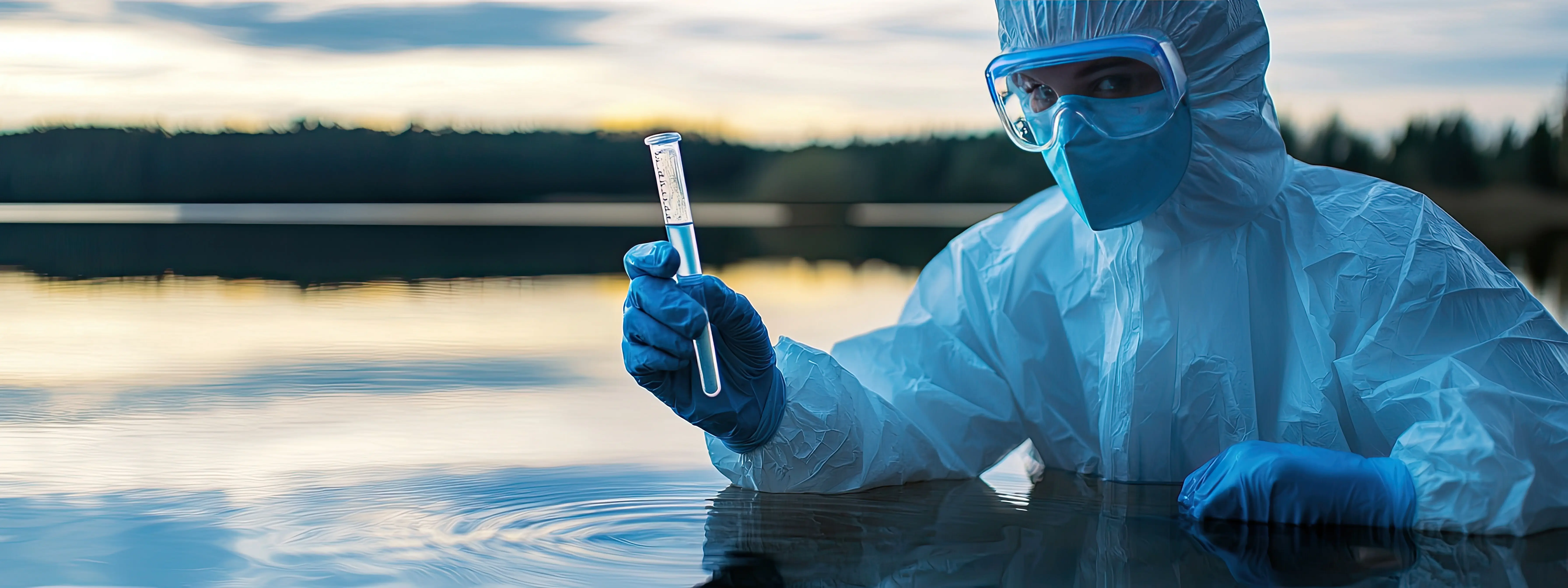 Ein Virologe sammelt Wasser aus dem See in einem Reagenzglas, mit selektivem Fokus.