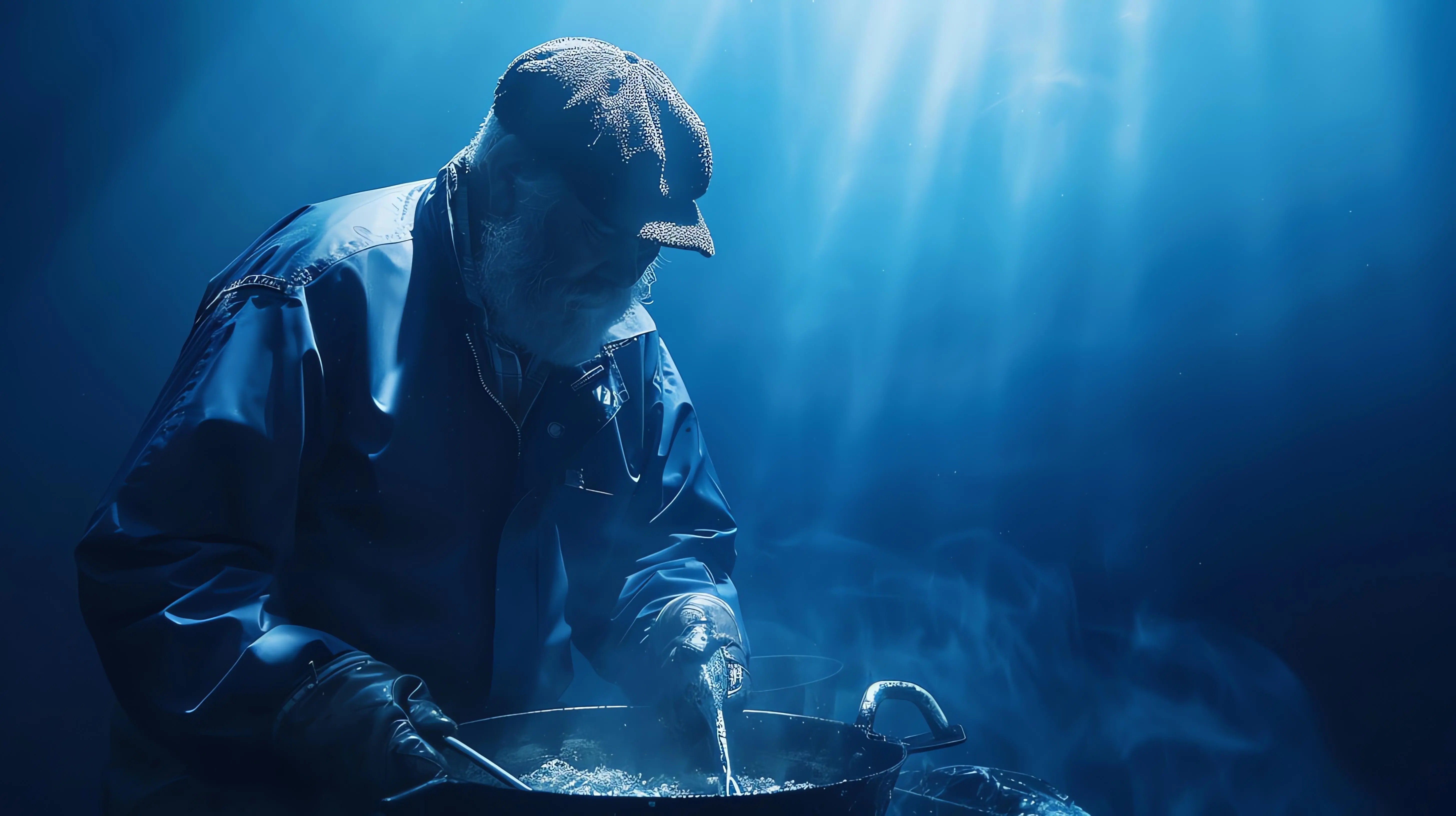 Ein bärtiger Mann trägt einen Hut und Handschuhe und kocht etwas in einem großen Topf, während das blaue Licht auf ihn herabscheint.